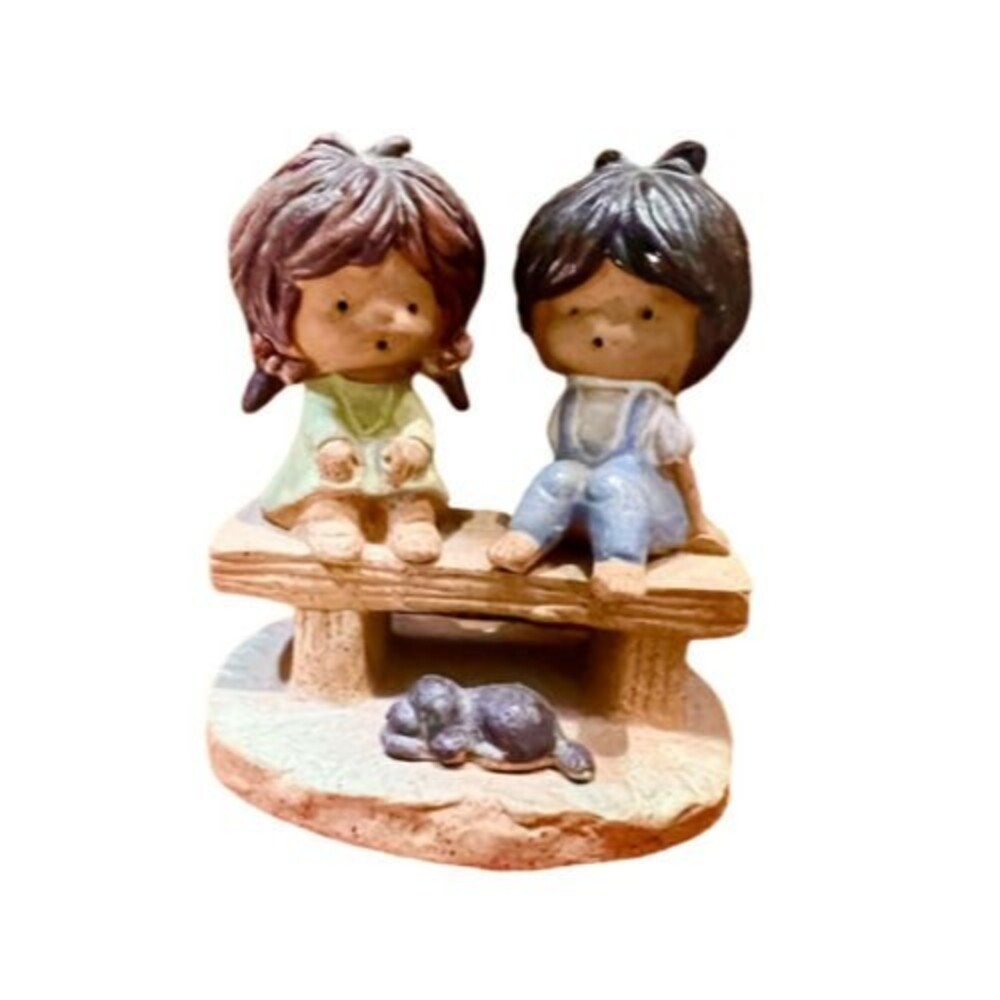 Napco Japan Boy Girl on Bench Puppy figurinine 70s kitsch pottery MCM Vintage